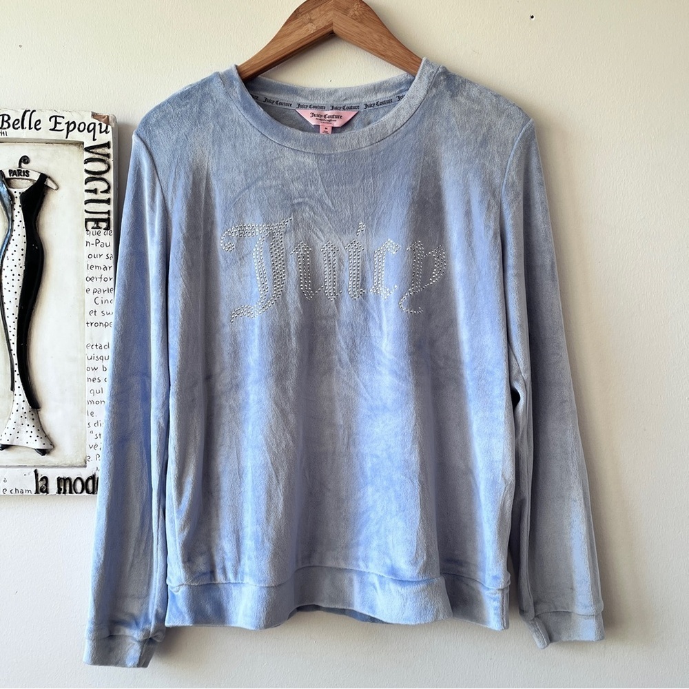 Juicy Couture Light Blue Velour Rhinestone Logo Sleepwear Lounge Sweatshirt M